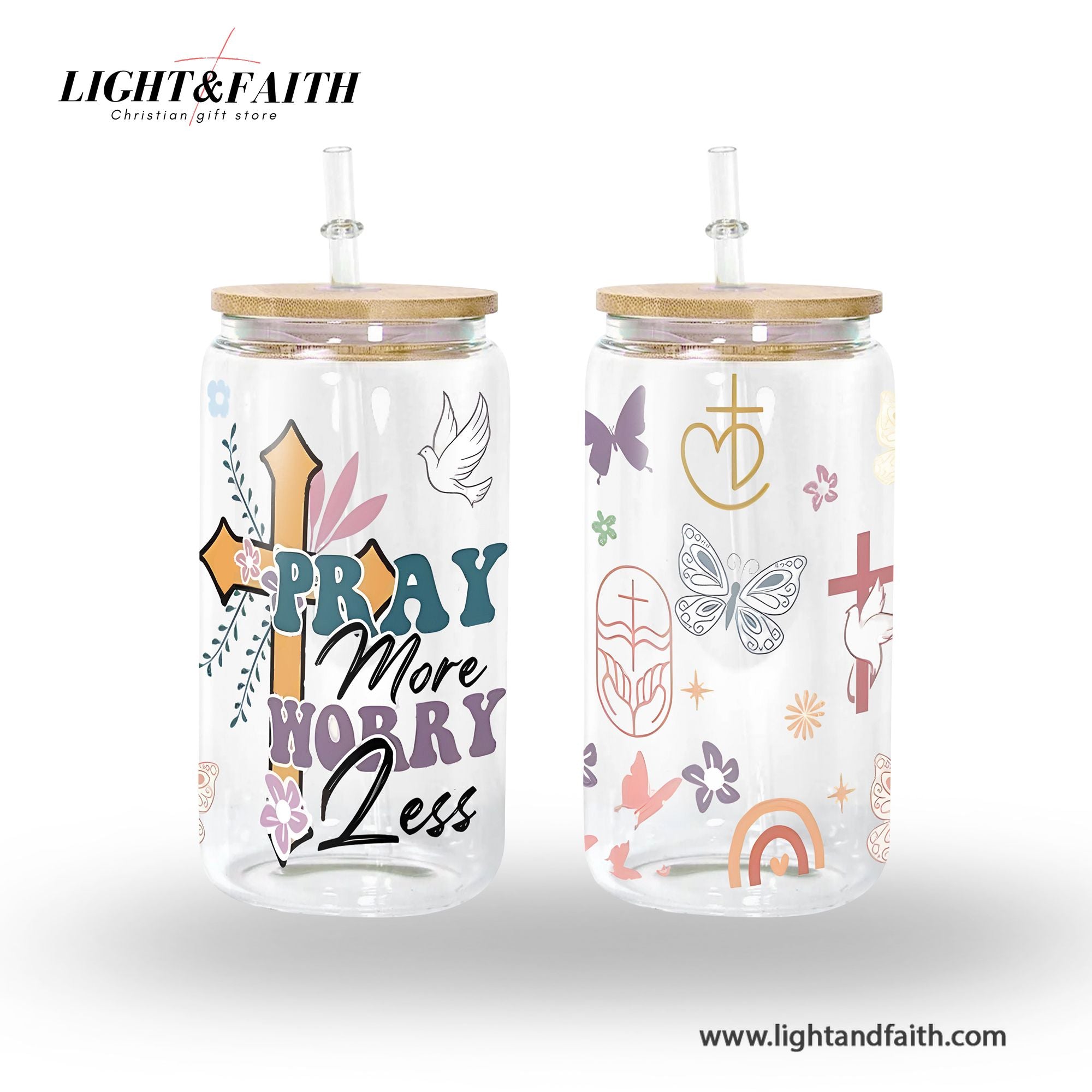 Christian Glass Can with Bamboo Lid and Straw, Pray More Worry Less Cup, Cross and Dove Scripture Iced Coffee Tumbler Gift GCLAF44